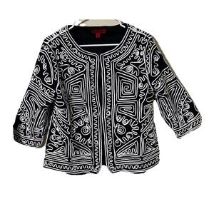 Joni B Cardigan Jacket Black White Statement Bold Abstract 3/4 Sleeve Size M